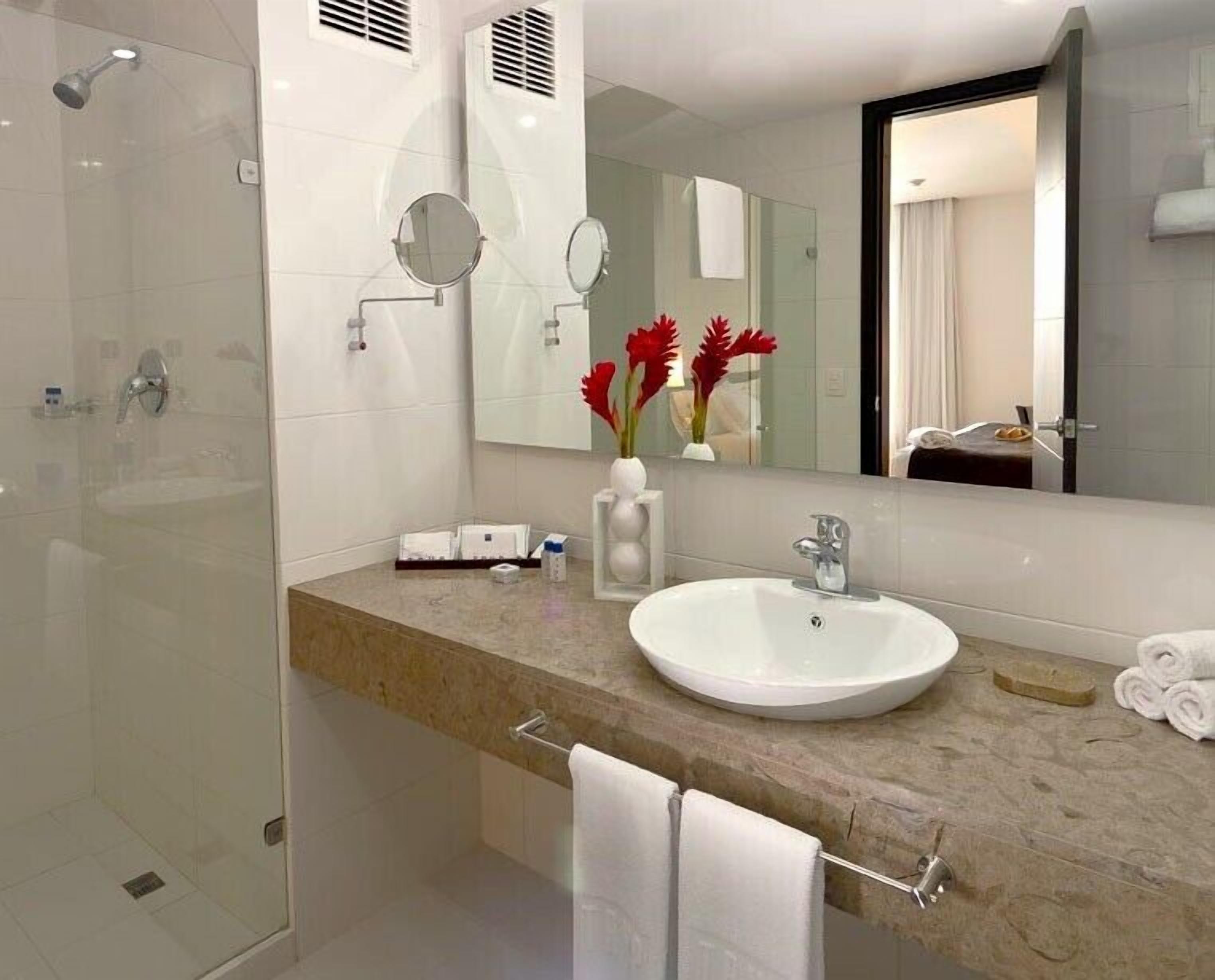 Un baño moderno con cabina de ducha de vidrio, lavamanos blanco y un espejo grande.