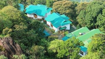 Un resort apartado con varias construcciones rodeado de un bosque denso.