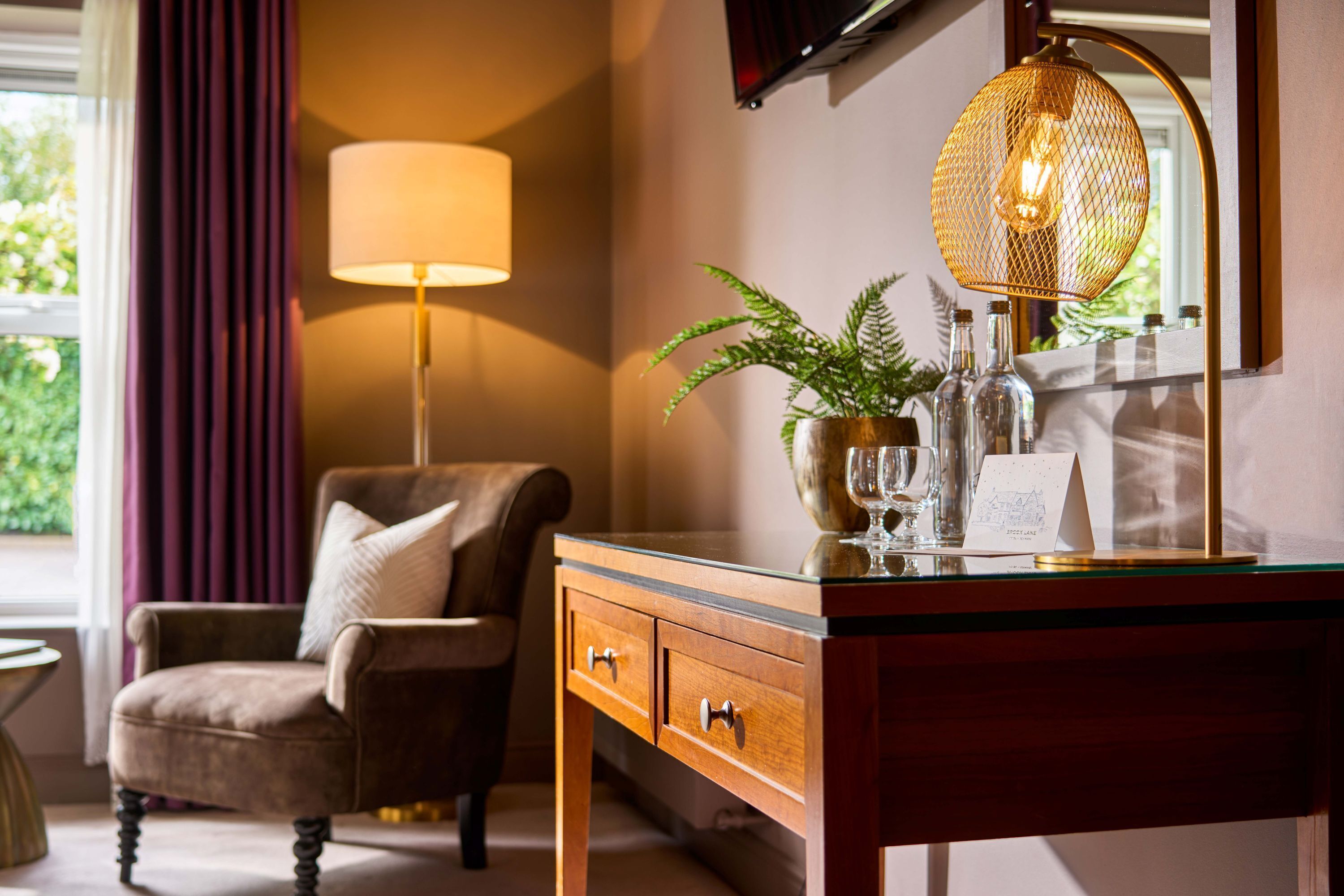 Habitación de hotel con cómoda de madera, una silla, lámpara de pie y planta en maceta.