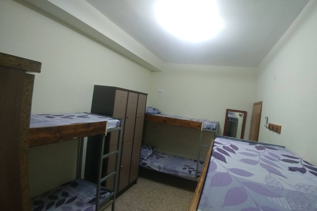 A dormitory room with bunk beds, a wardrobe, and a mirror.