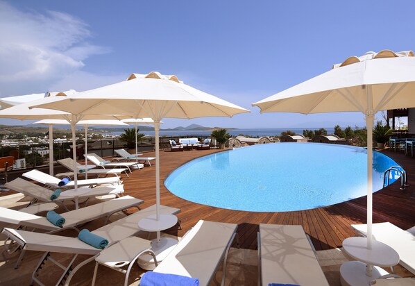Outdoor pool, pool umbrellas, pool loungers