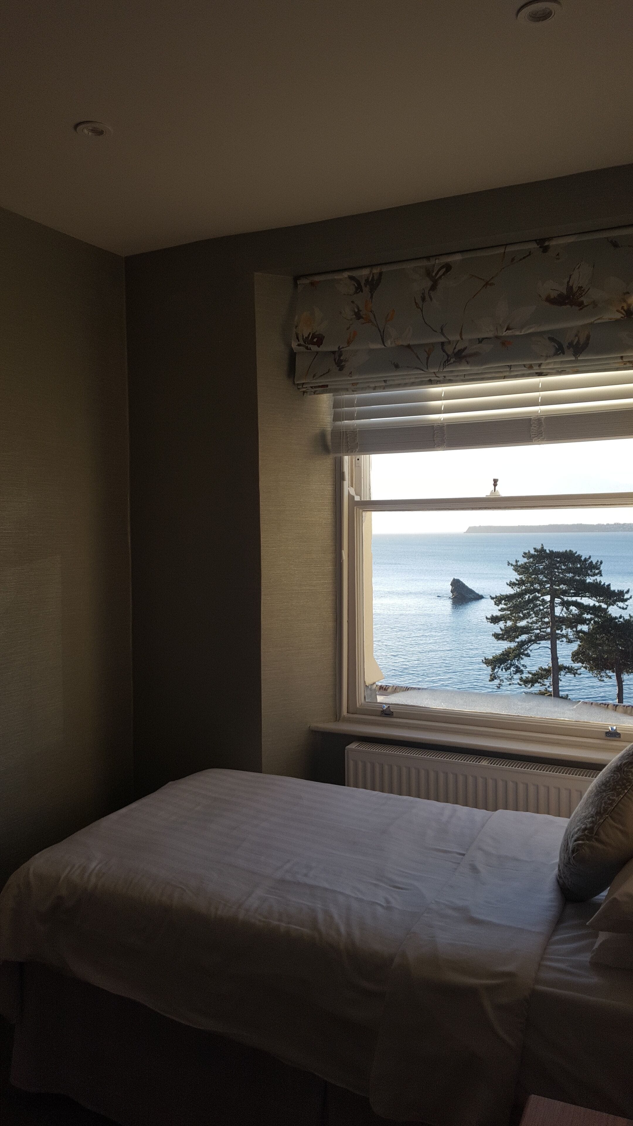 A bedroom with a bed, a window with a view of the sea and a tree, and a radiator.