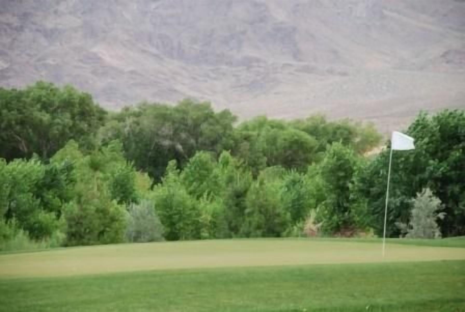 A golf course with a flag on a flagpole, surrounded by dense greenery and a mountain in the background.