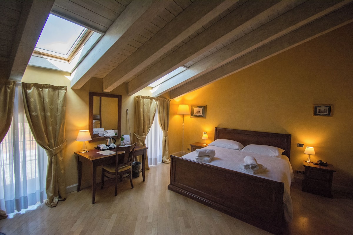 A hotel room with a skylight, a bed, a desk, and a chair.