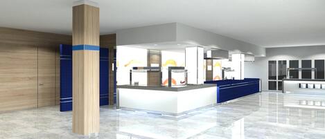 Una cocina moderna con una isla central, armarios de madera y suelo de mármol.