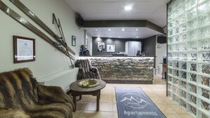 Un área de recepción con pared de piedra, un sofá cubierto de piel, una mesa de madera con un cuenco y una alfombra azul con el texto 'Apartments'.