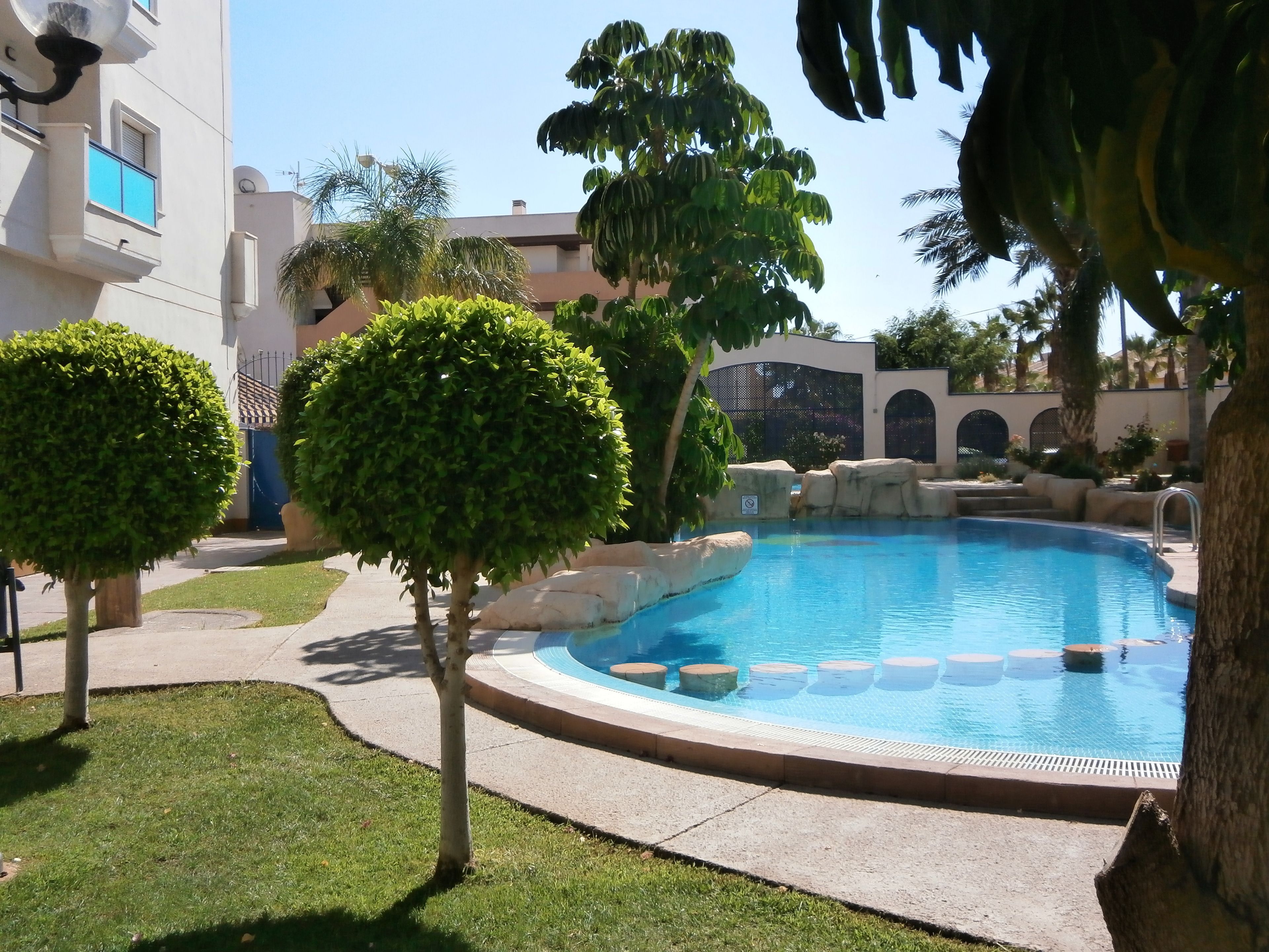 A swimming pool surrounded by well-maintained grass and trees, with a building in the background.
