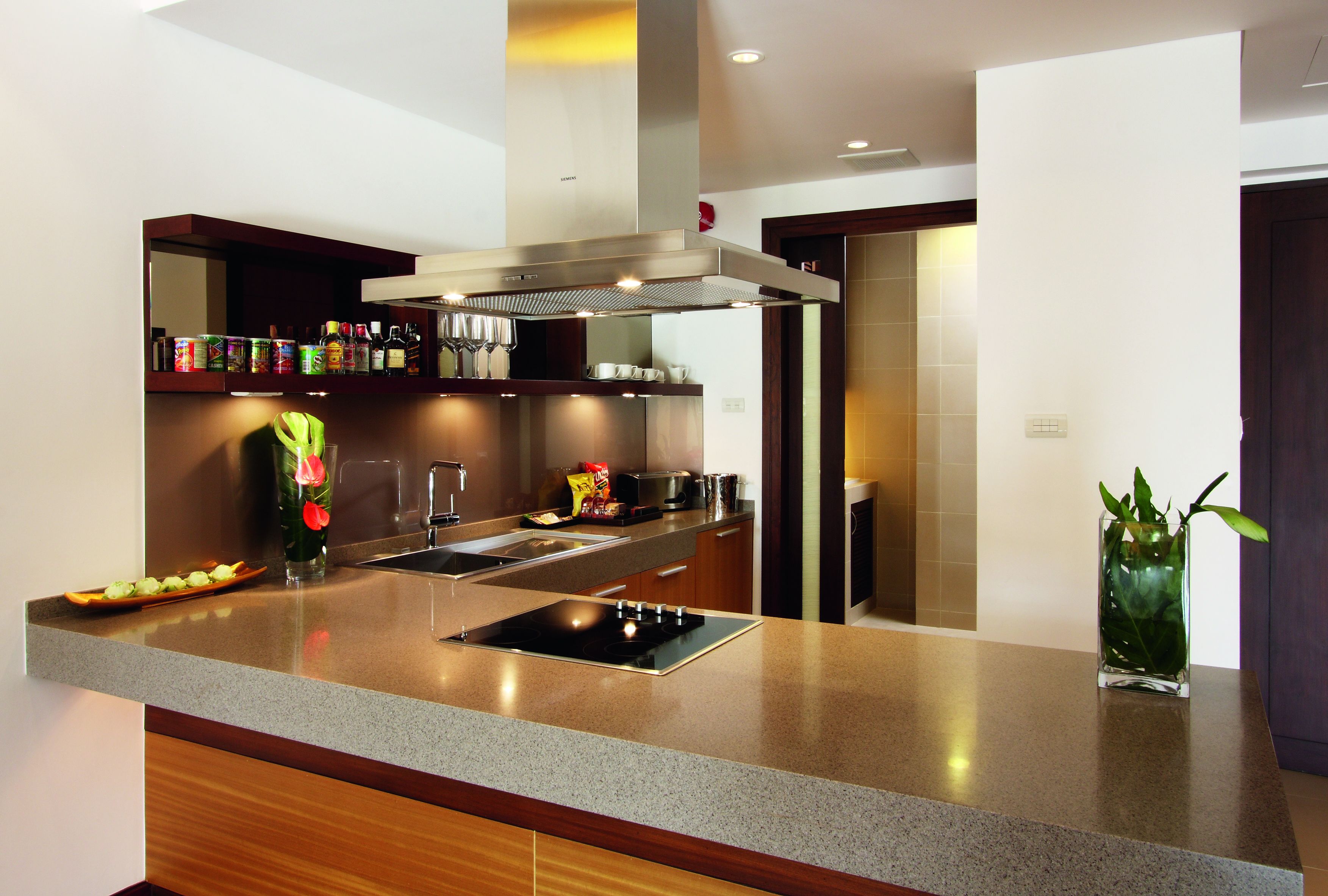 A modern kitchen with a granite countertop, stainless steel appliances, and wooden cabinetry.