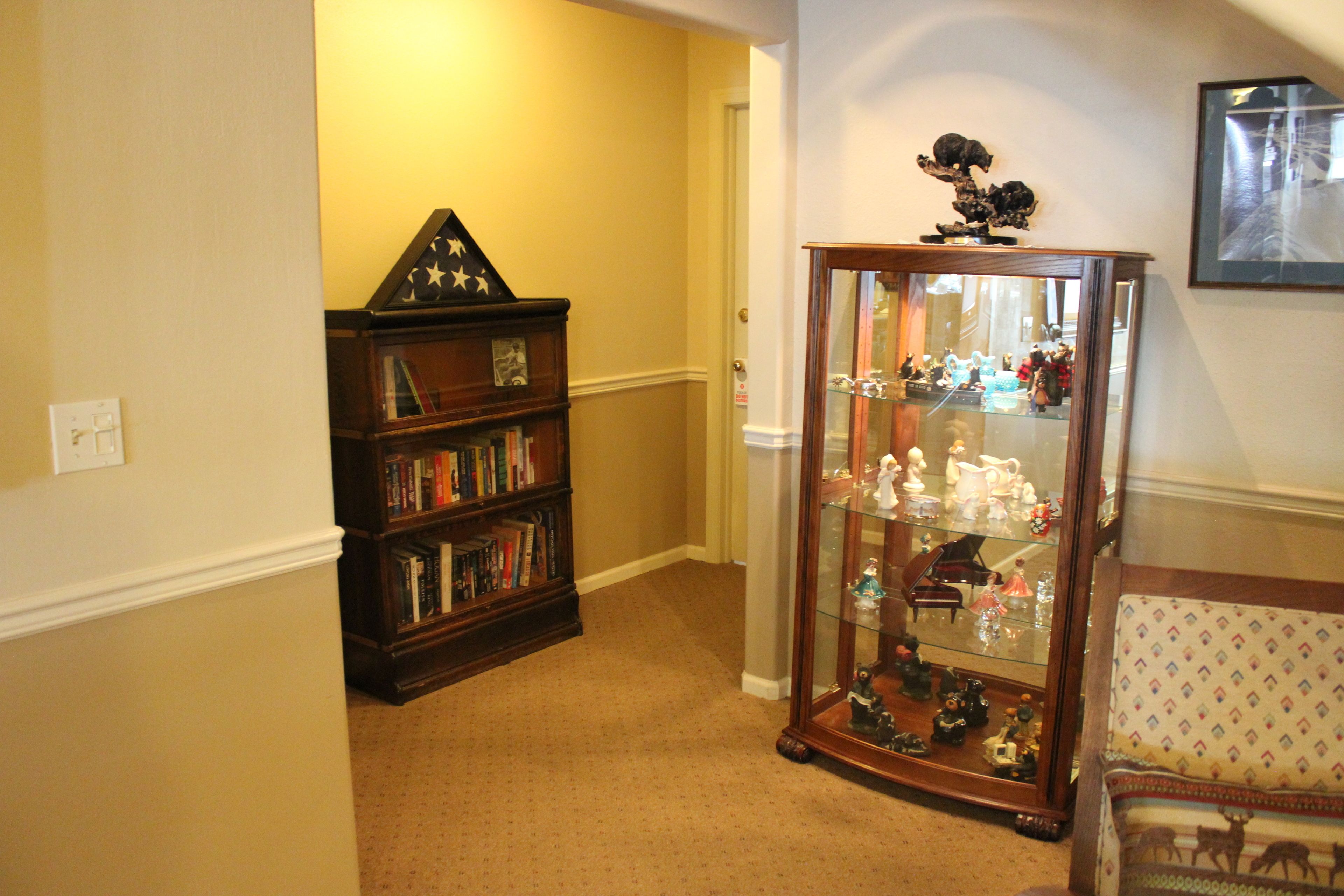 A room with a wooden bookshelf, a glass display cabinet, and a patterned armchair.