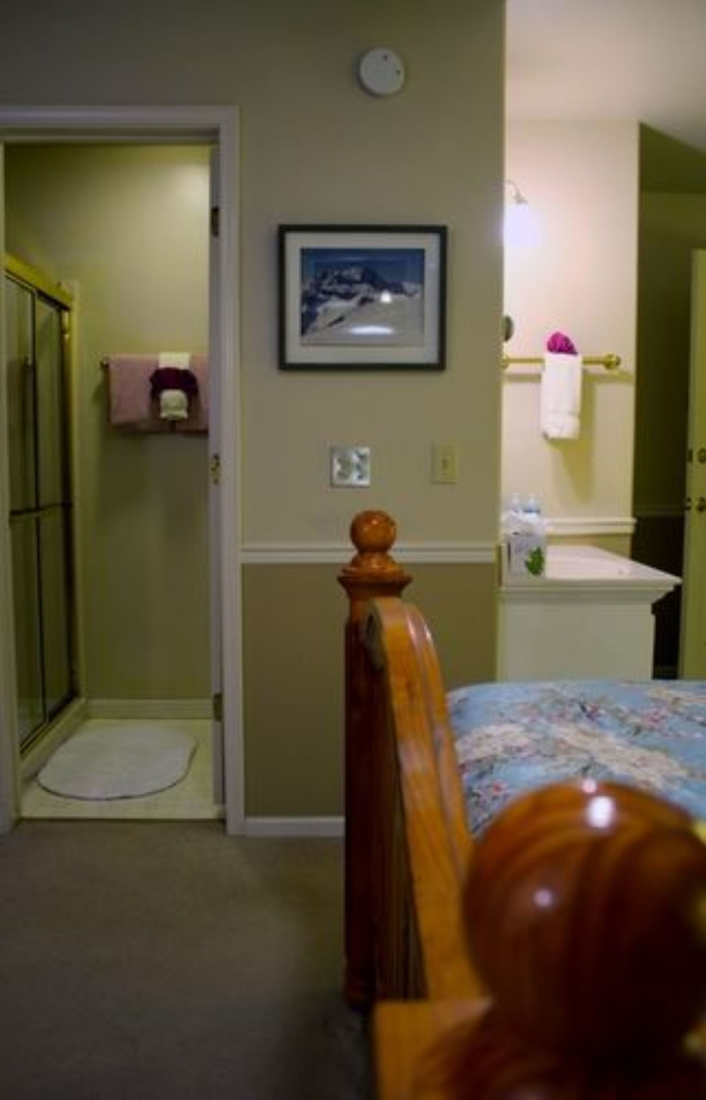 A bedroom with a wooden bed frame, a framed picture on the wall, a bathroom with a sink and towel rack, and a door leading to another room.