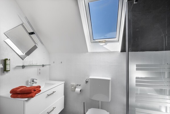 A modern bathroom with a skylight, white fixtures, and a visible toilet.