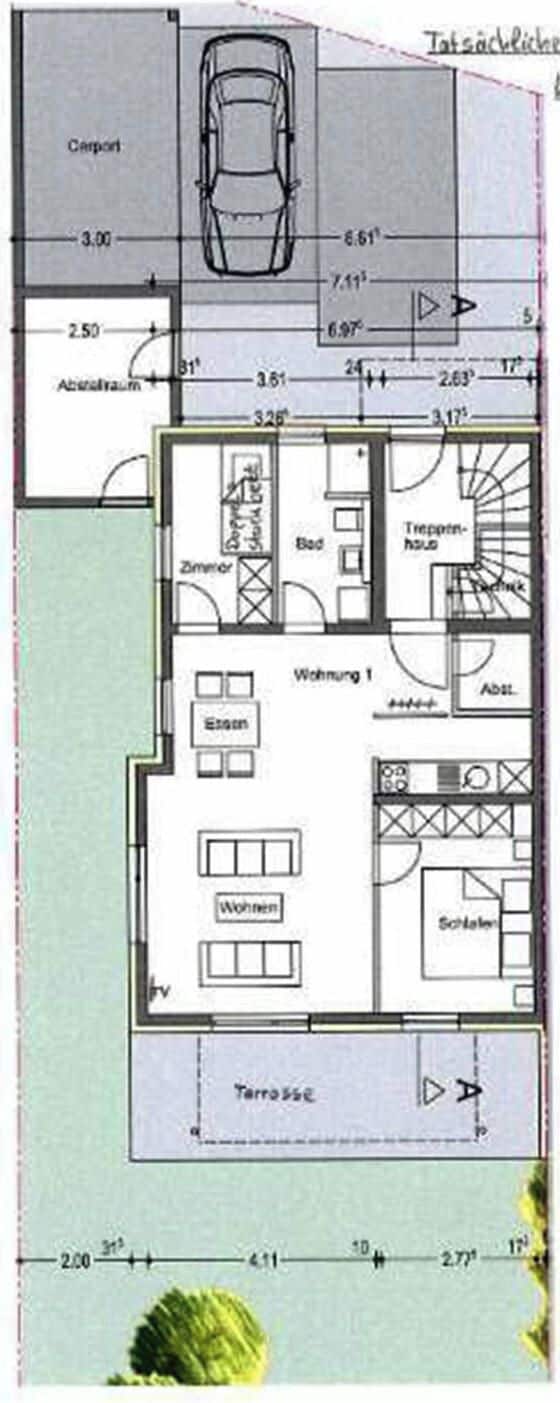 A floor plan with a carport, a bedroom, a bathroom, a living room, and a terrace.