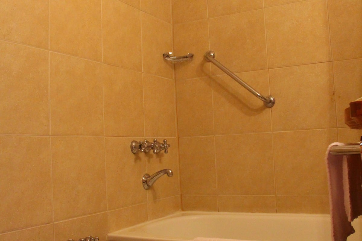combined shower/bathtub, hair dryer, towels