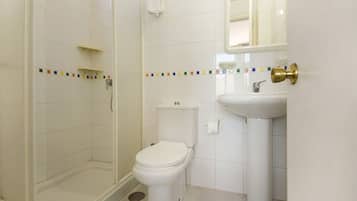 Een badkamer met douche, toilet en wastafel.
