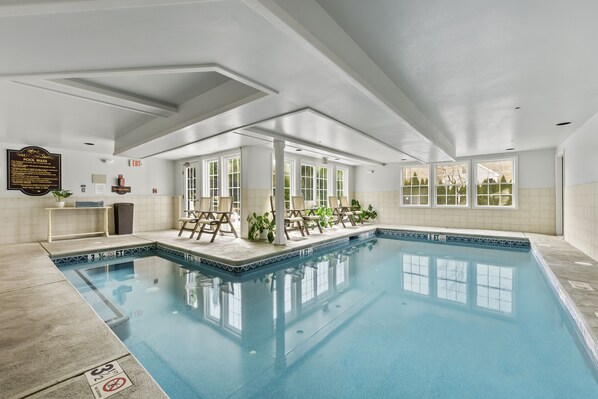Indoor pool, outdoor pool, pool umbrellas, sun loungers