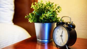 Un despertador negro y una planta en maceta sobre una superficie de madera.