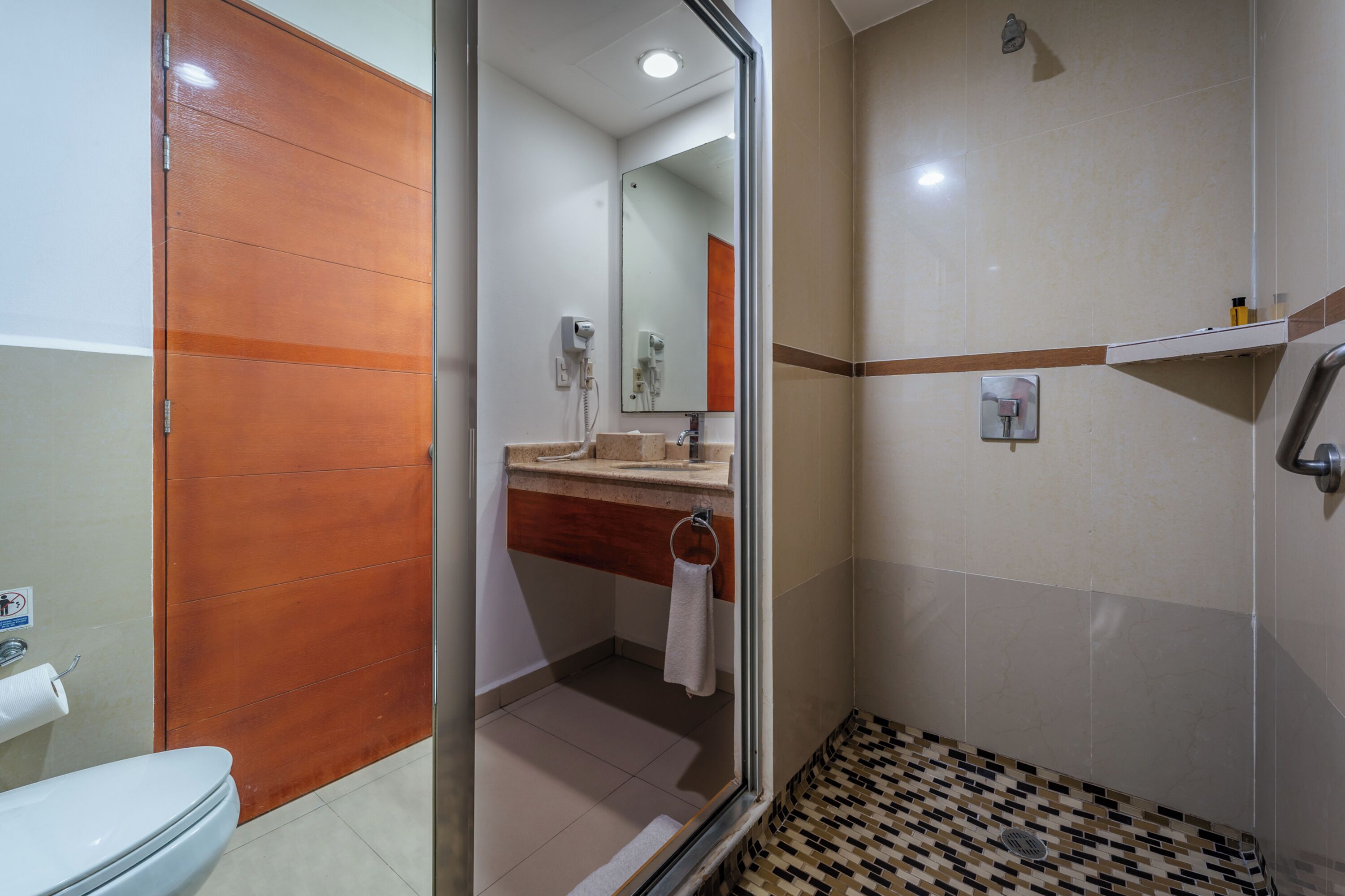 A bathroom with a toilet, a shower, and a sink.