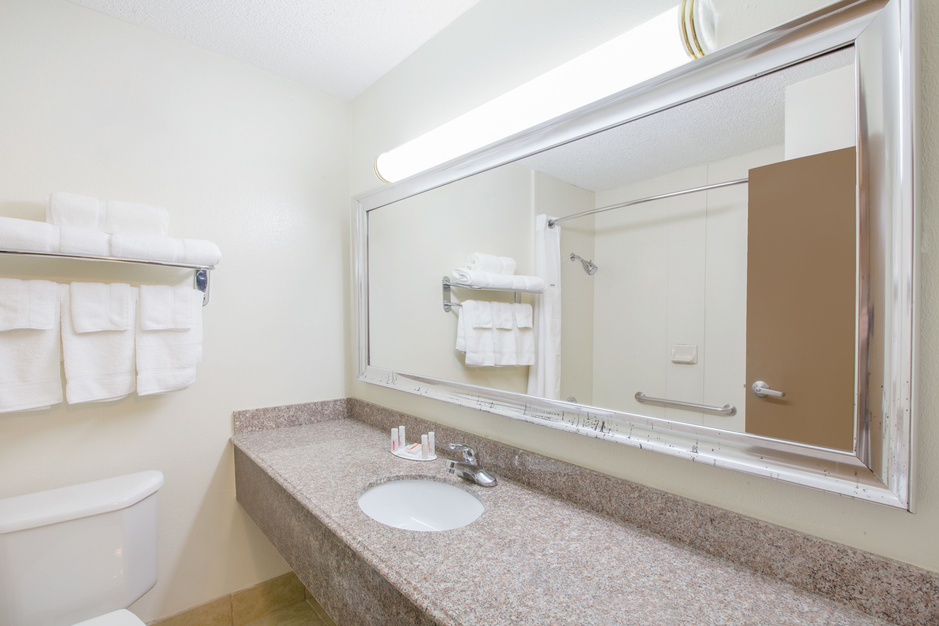 combined shower/bathtub, free toiletries, hair dryer, towels