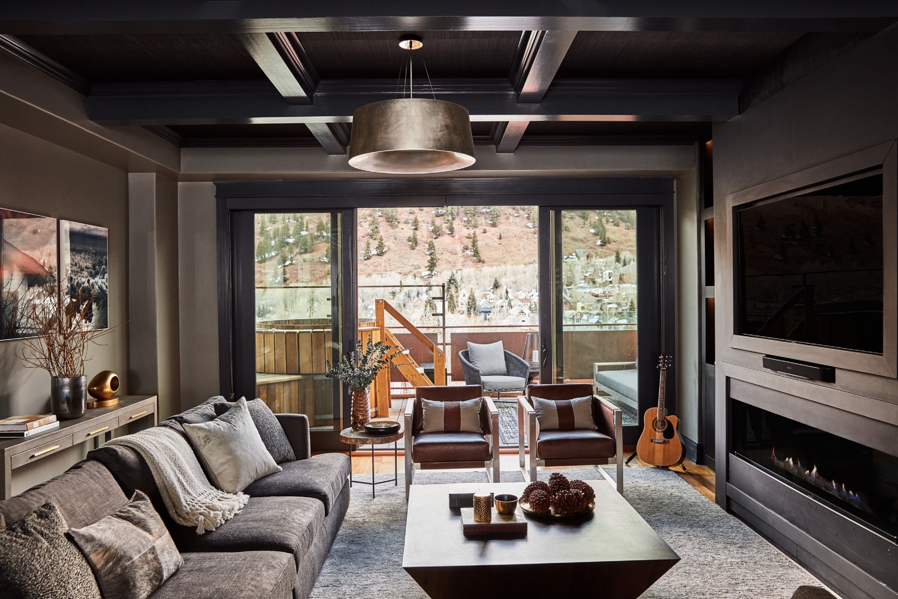 50-inch flat-screen TV with cable channels, TV, fireplace