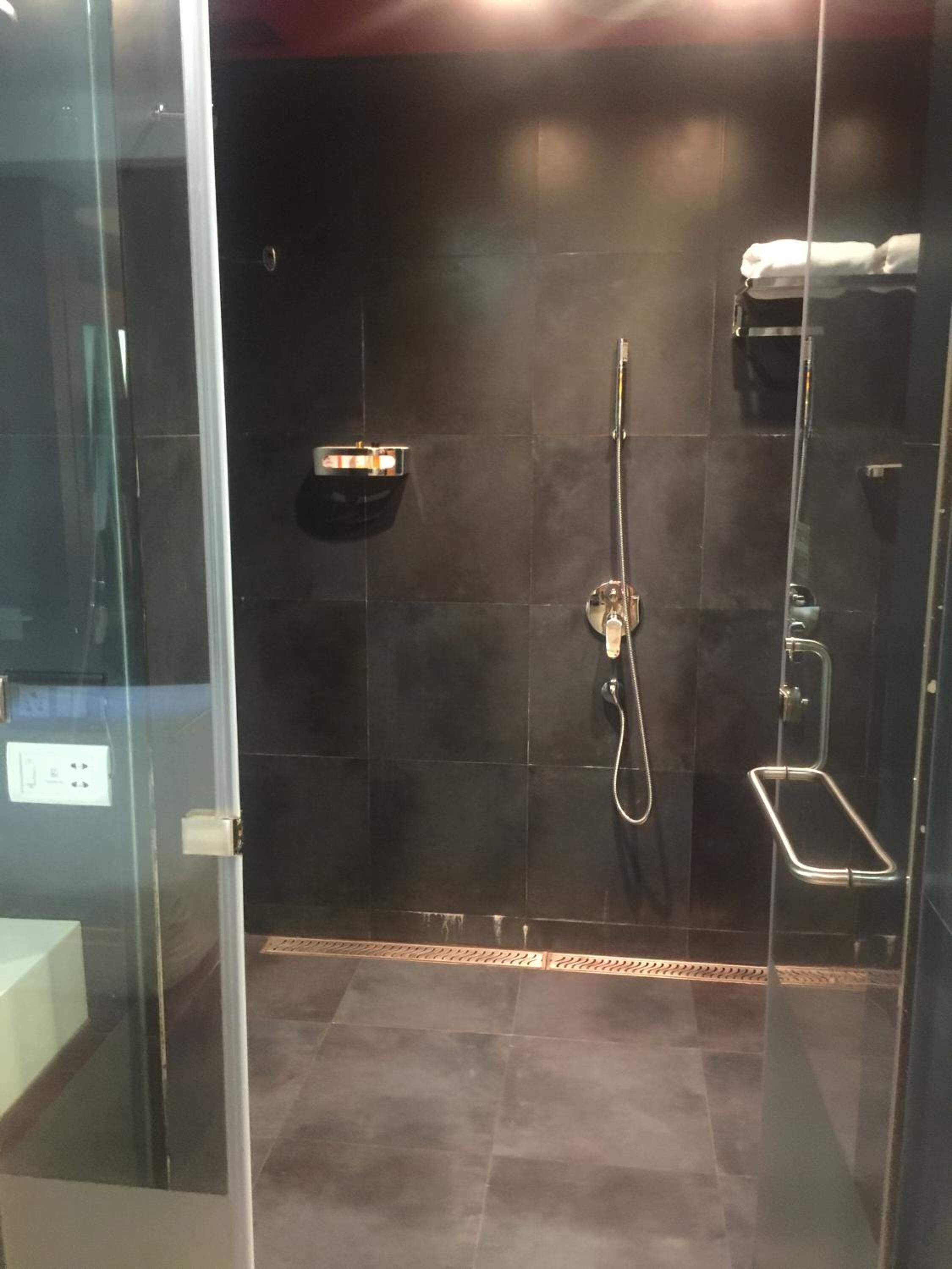 rainfall showerhead, hair dryer, towels