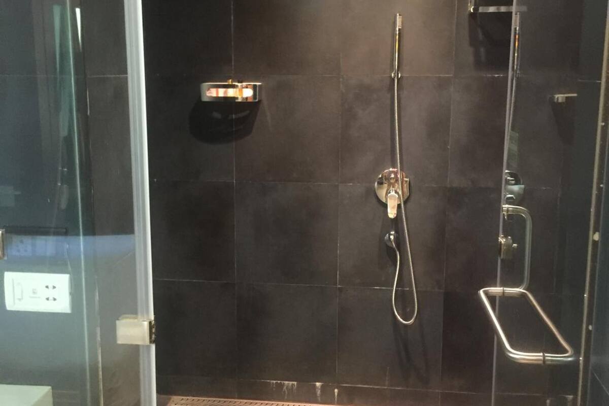 rainfall showerhead, hair dryer, towels