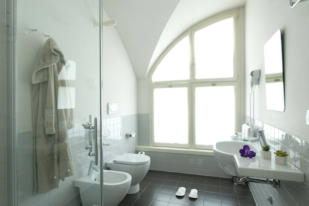 free toiletries, hair dryer, bidet, towels