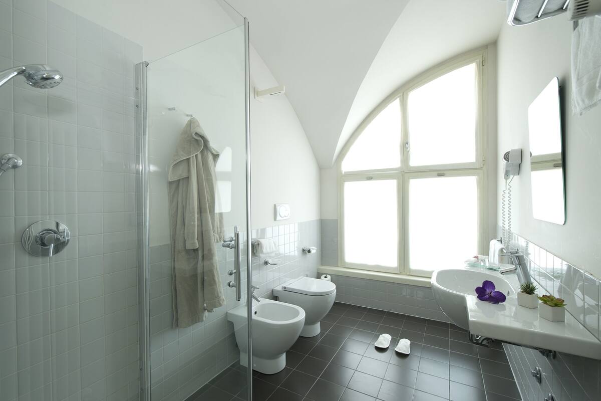 free toiletries, hair dryer, bidet, towels