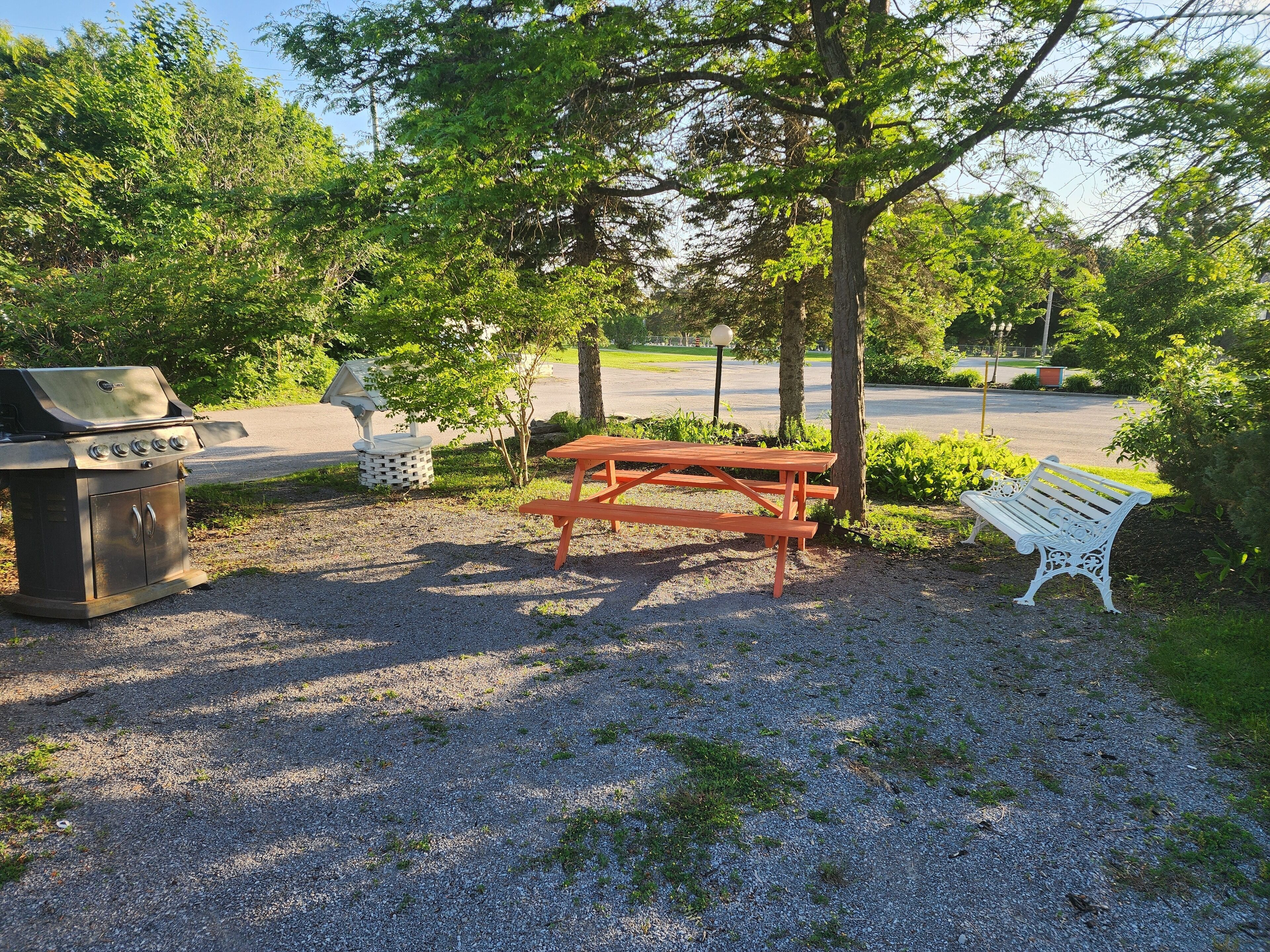 Ein Picknickplatz mit Grill, Bank und Mülleimer in einem Park.