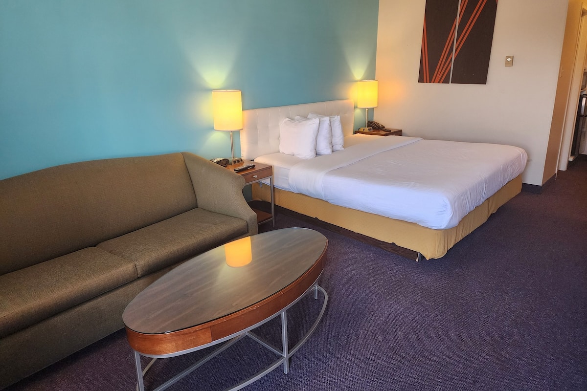 Una habitación de hotel con una cama, un sofá, una mesita y dos lámparas de noche.
