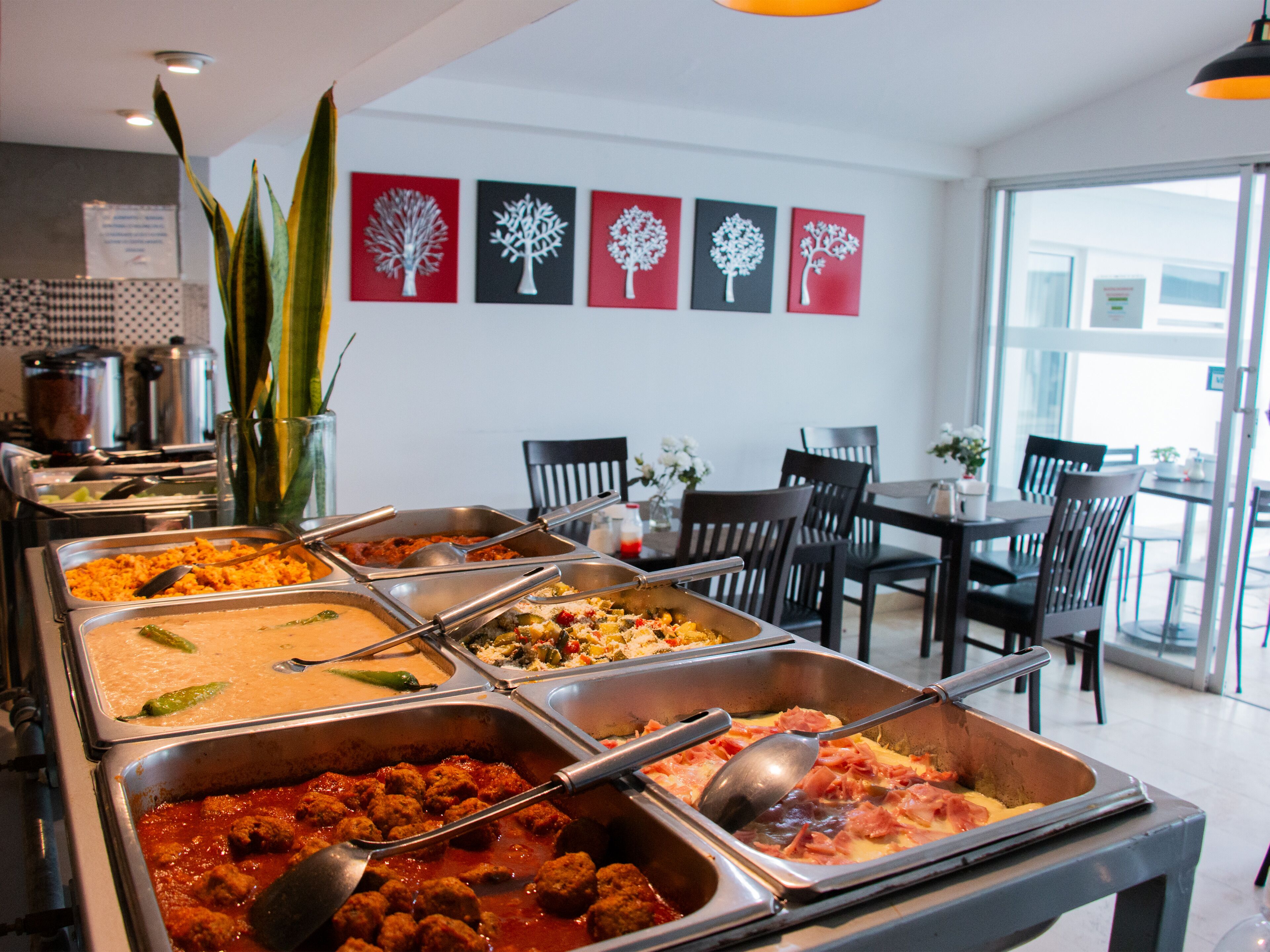 A buffet with various food options, including meatballs in sauce, rice, and other dishes. There are multiple serving utensils, and the buffet is set up in a room with a large window and several chairs.