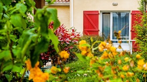 A garden with various plants and flowers in front of a building with red shutters and a white door. - Résidence Saskia (Cazaubon)