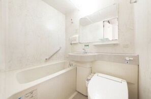 Een bad/douchecombinatie, een haardroger, pantoffels, een bidet