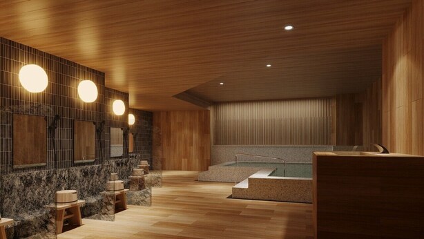 A modern spa area with wooden paneling, a stone bench, and a small pool. - Kumamoto Washington Hotel Plaza (Kumamoto)