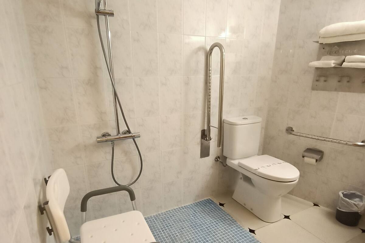 A bathroom with a wheelchair-accessible shower, a toilet, and a sink.