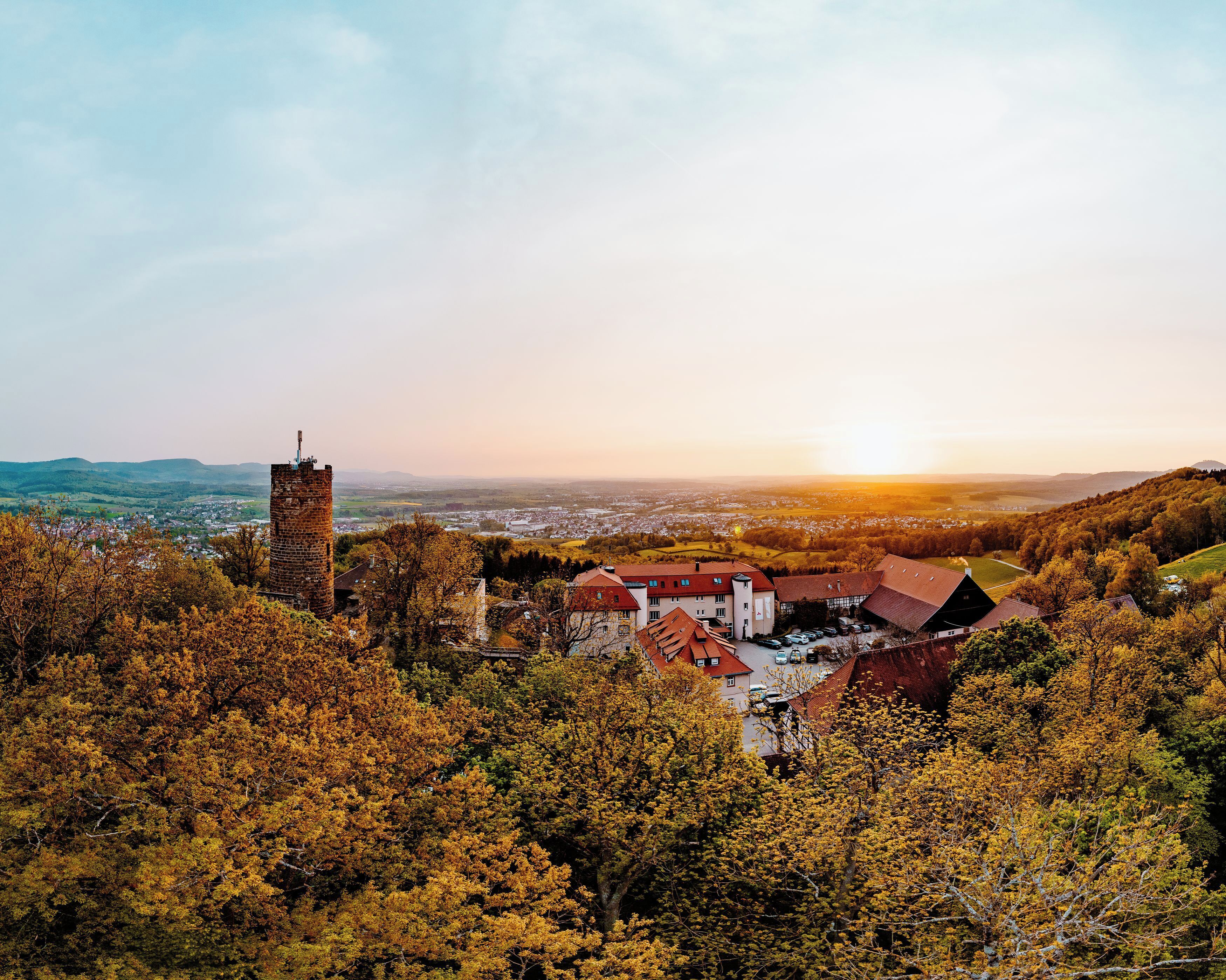 A historic building with a tower, surrounded by autumn foliage and a view of a town in the distance.
