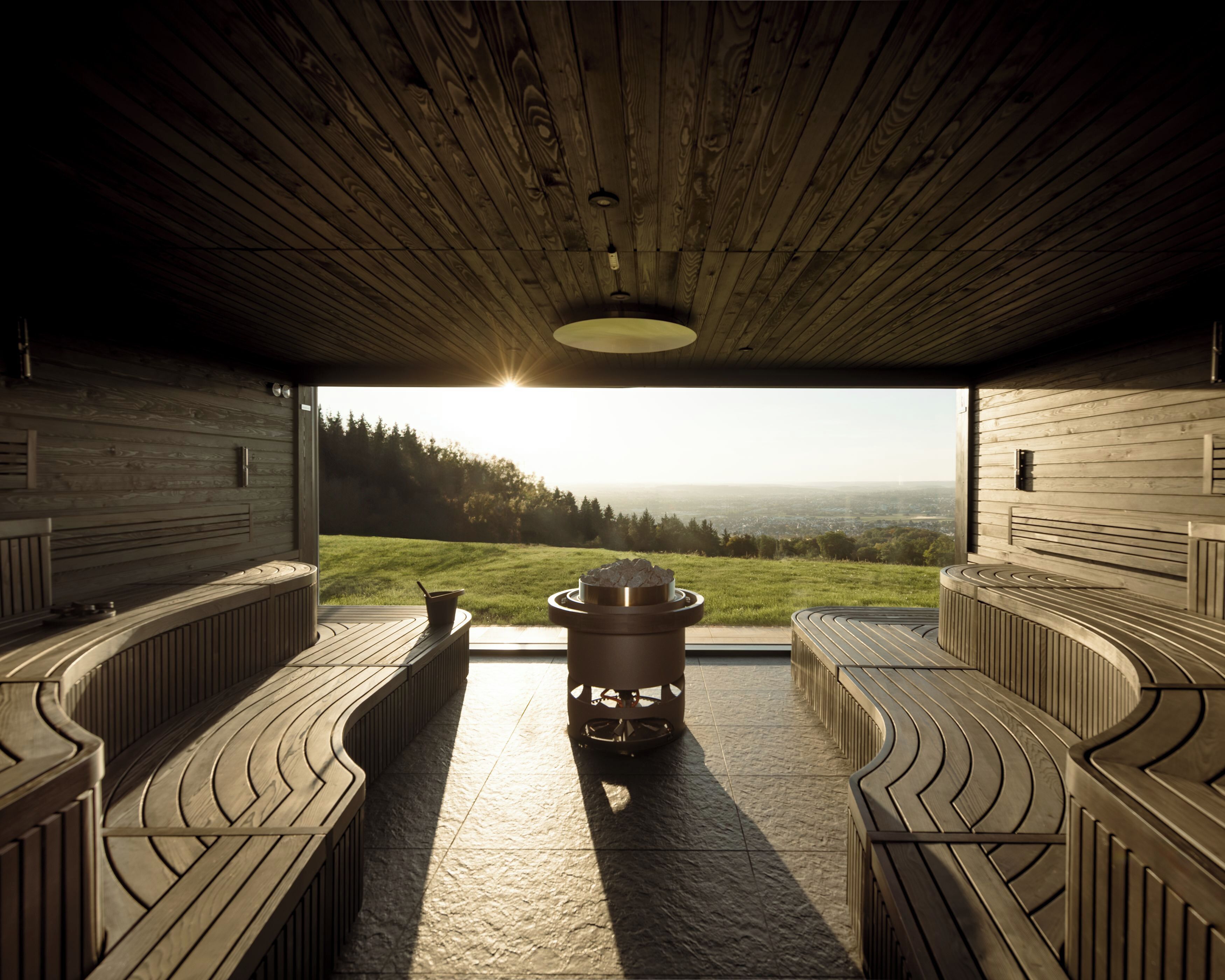 Eine Sauna mit Blick auf eine grüne Landschaft und einer Holzzieldecke.
