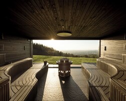 Uma sauna com vista para uma paisagem verde e teto de madeira.