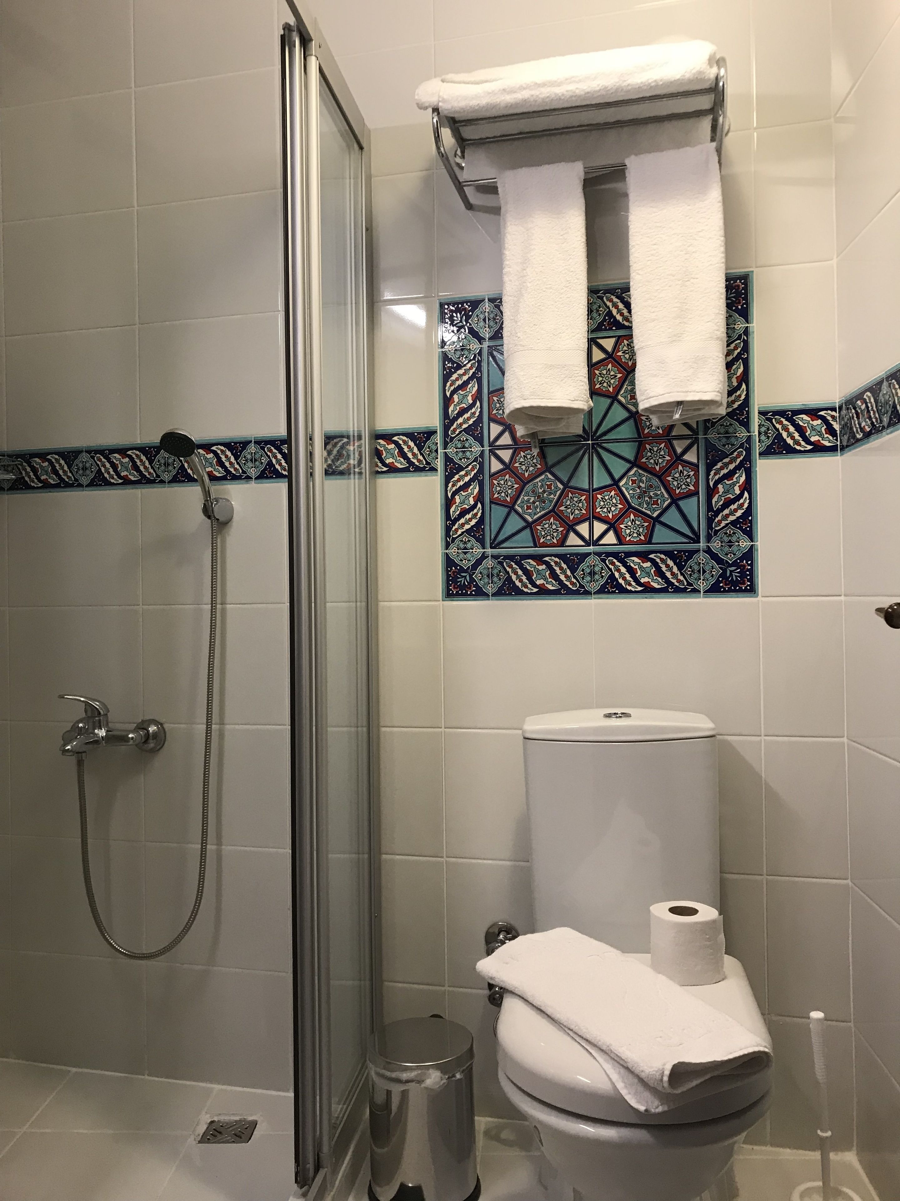A bathroom with a shower, toilet, and a towel rack.