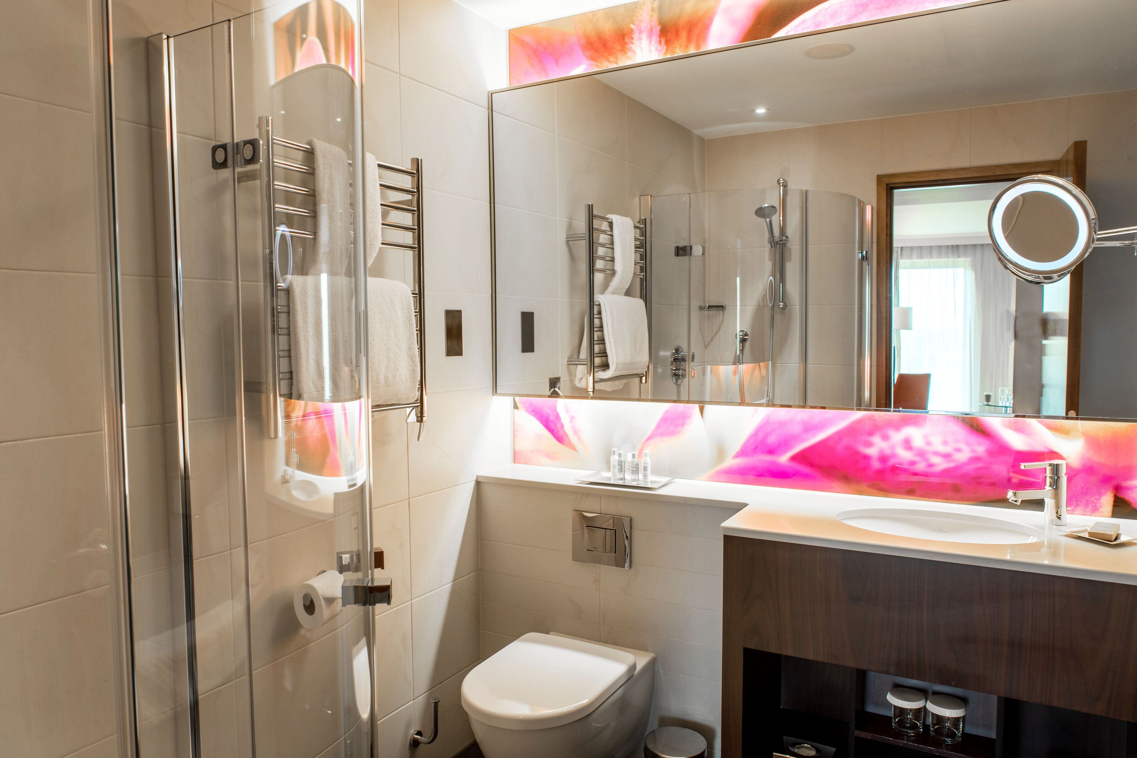 A modern bathroom with a glass shower enclosure, a white toilet, and a vanity with a mirror.
