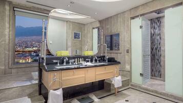 Separate bathtub and shower, free toiletries, hair dryer, bathrobes