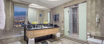 Separate tub and shower, free toiletries, hair dryer, bathrobes