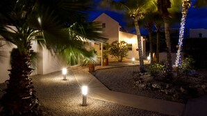 A well-lit outdoor area with palm trees and a pathway leading to a building.