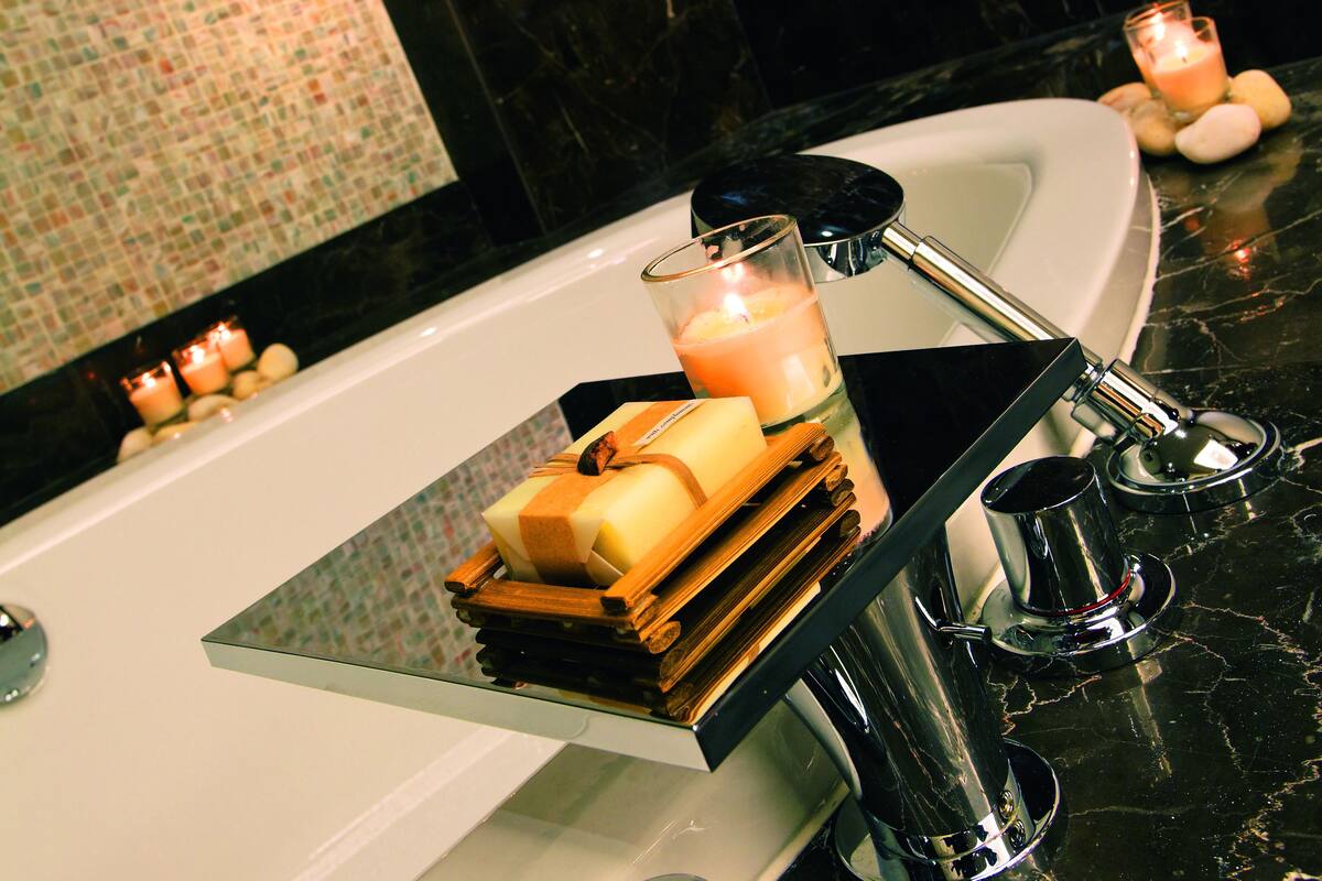 rainfall showerhead, eco-friendly toiletries, hair dryer, bathrobes