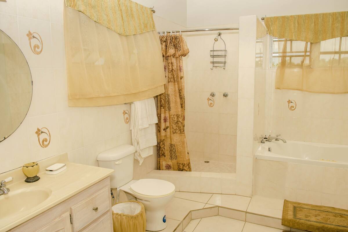 A bathroom with a toilet, sink, shower, and bathtub.