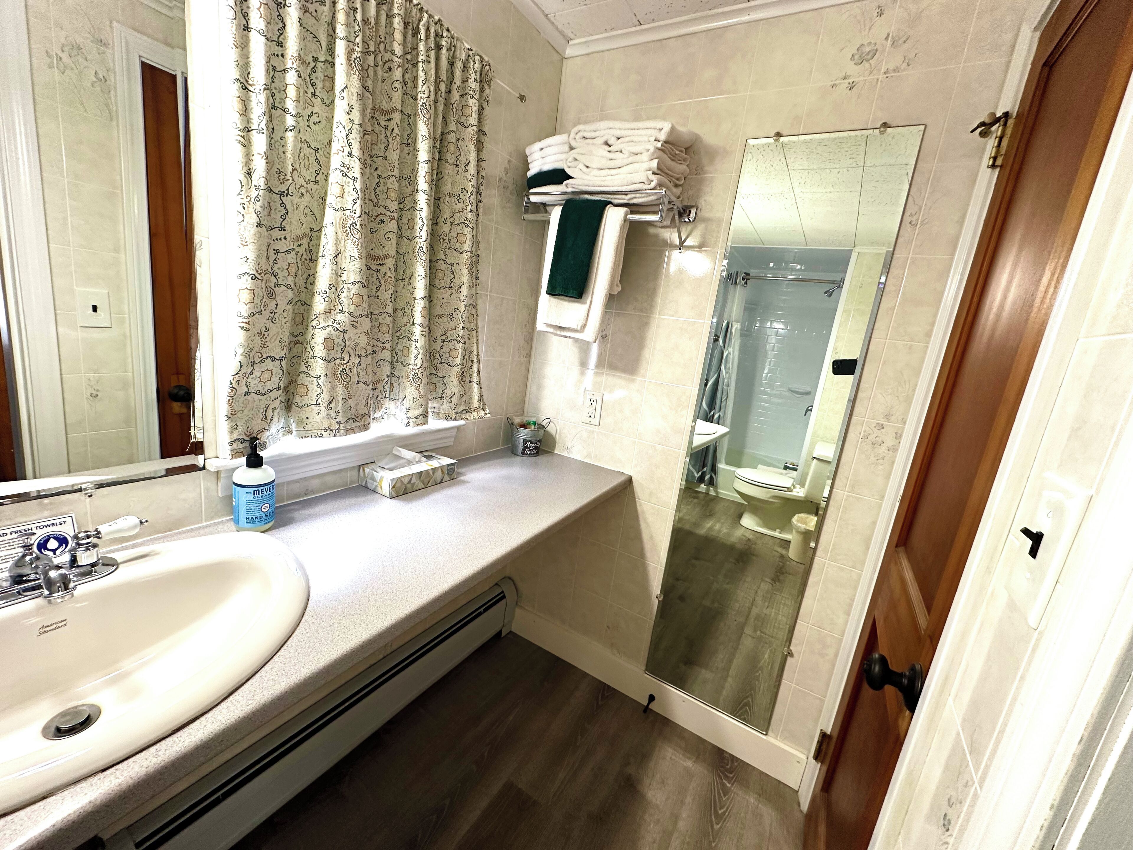 A bathroom with a sink, mirror, shower, and toilet.