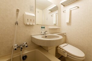 Combined shower/tub, hair dryer, bidet, towels