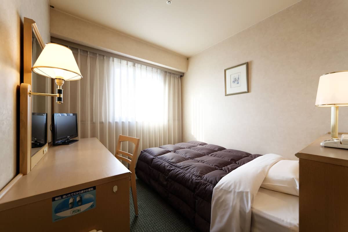 Ein Hotelzimmer mit einem Bett, einem Schreibtisch mit Lampe, einem Sessel, einem Fernseher und einem Fenster mit Vorhängen.