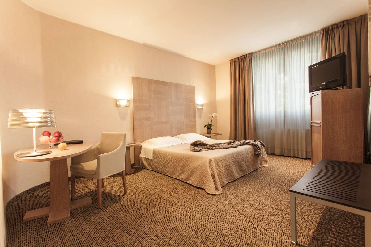 A hotel room with a bed, a desk with a lamp, a television, and a small table with fruits.