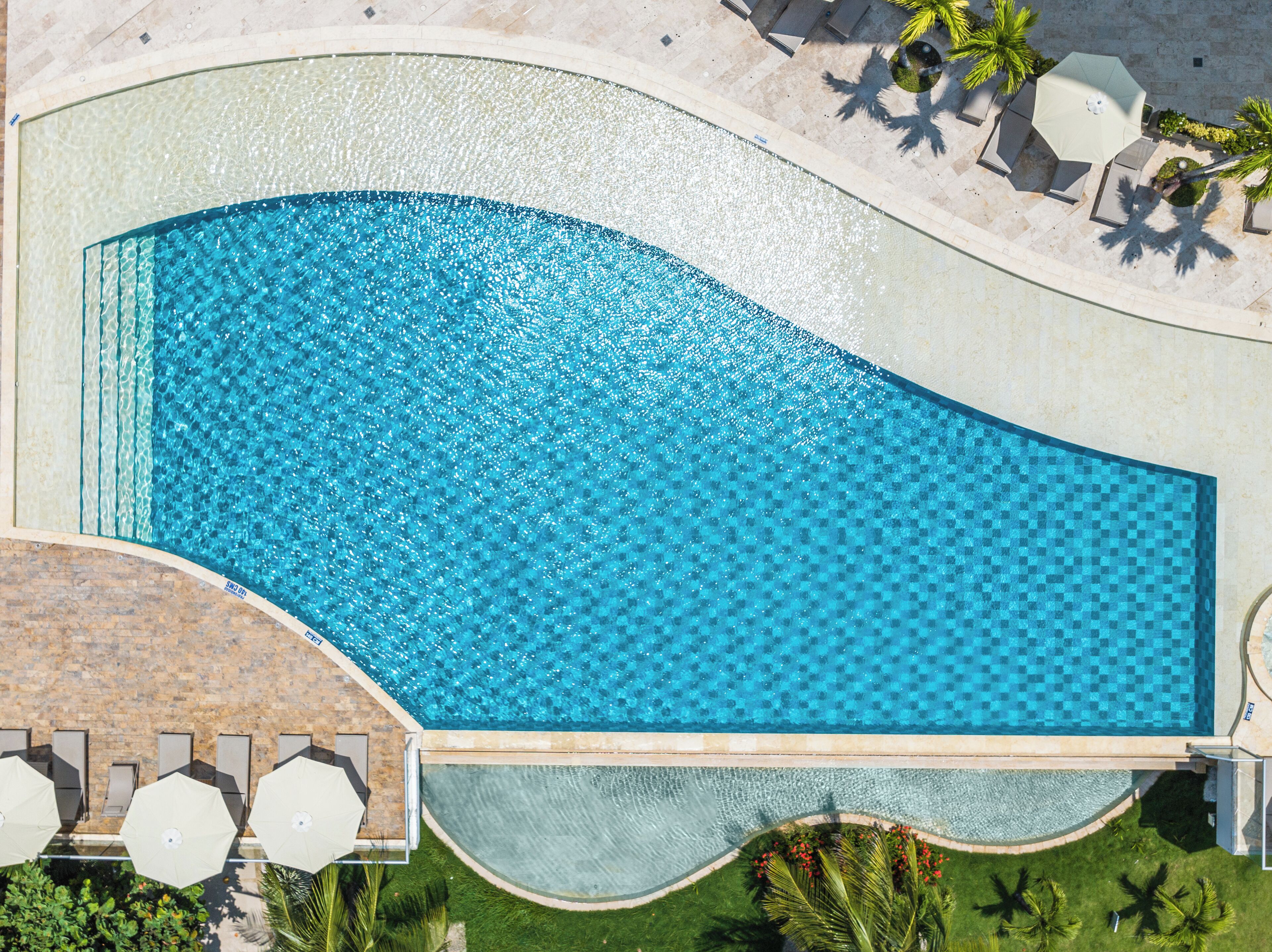 En vy från ovan av en swimmingpool med ett kaklat poolområde, omgiven av palmer och solstolar.