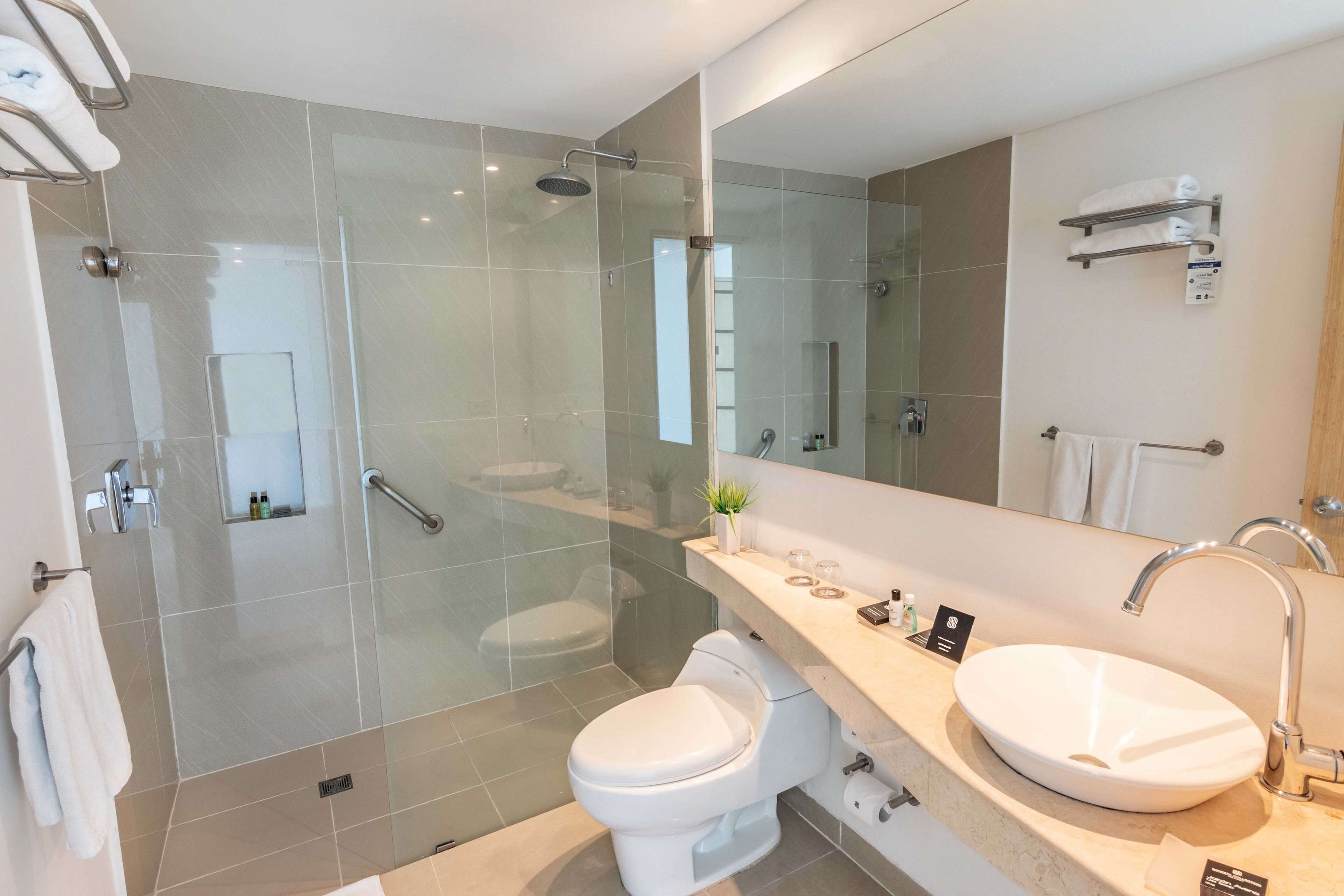 A modern bathroom with a glass-enclosed shower, a white toilet, and a sink with a large mirror above it.
